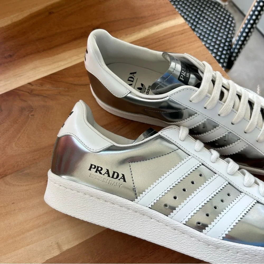 Prada White and Silver Low-Top Sneakers